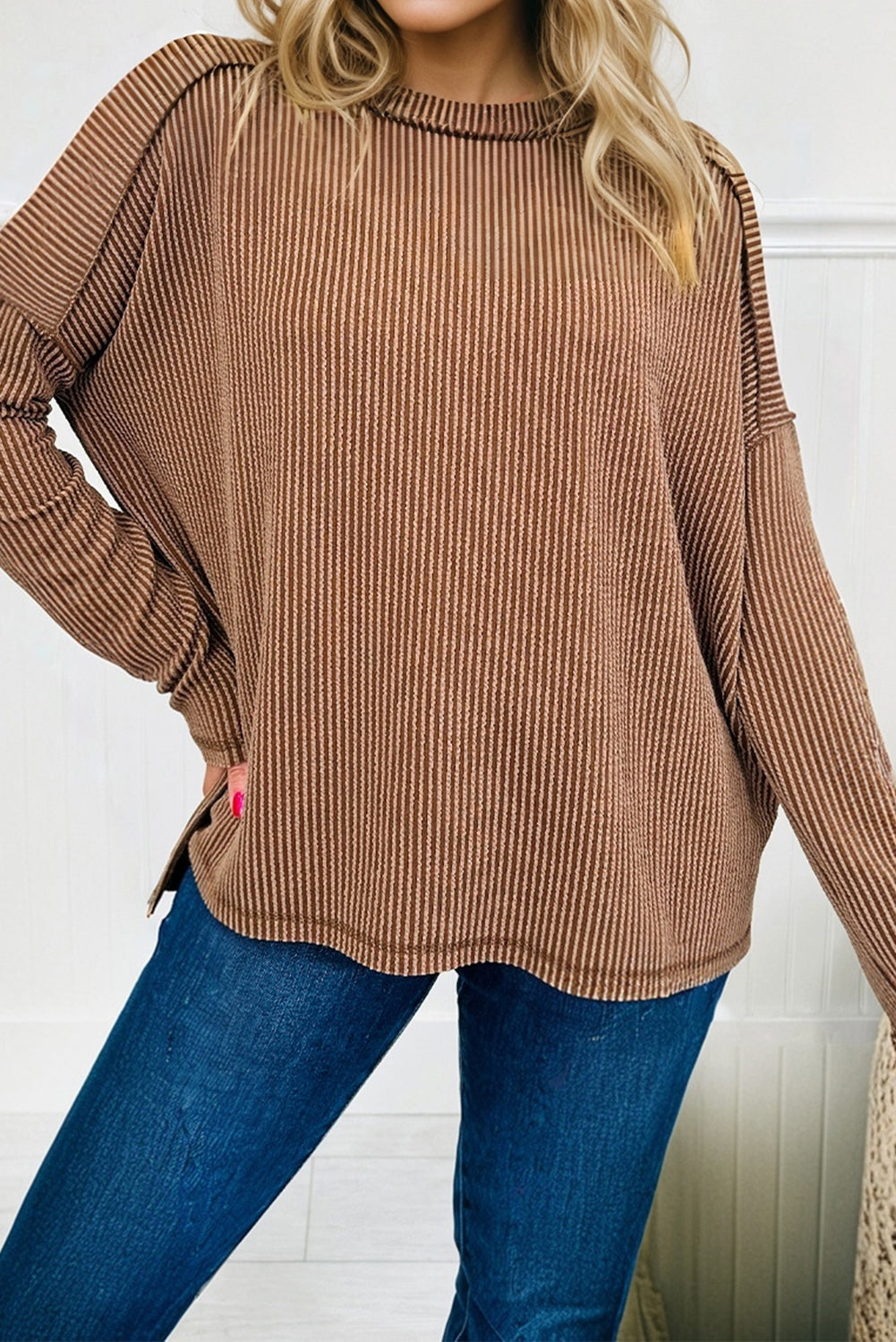 Twist Ribbed Exposed Seam Detail Long Sleeve Loose Top