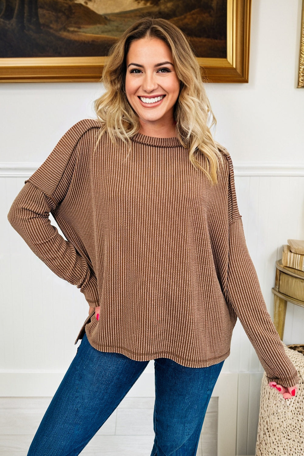 Twist Ribbed Exposed Seam Detail Long Sleeve Loose Top