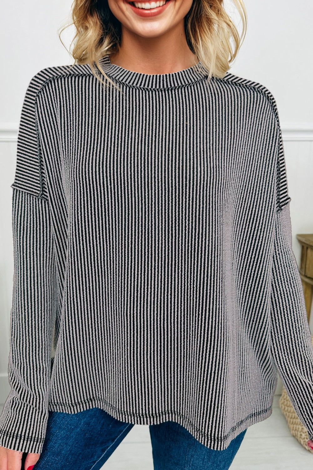 Twist Ribbed Exposed Seam Detail Long Sleeve Loose Top