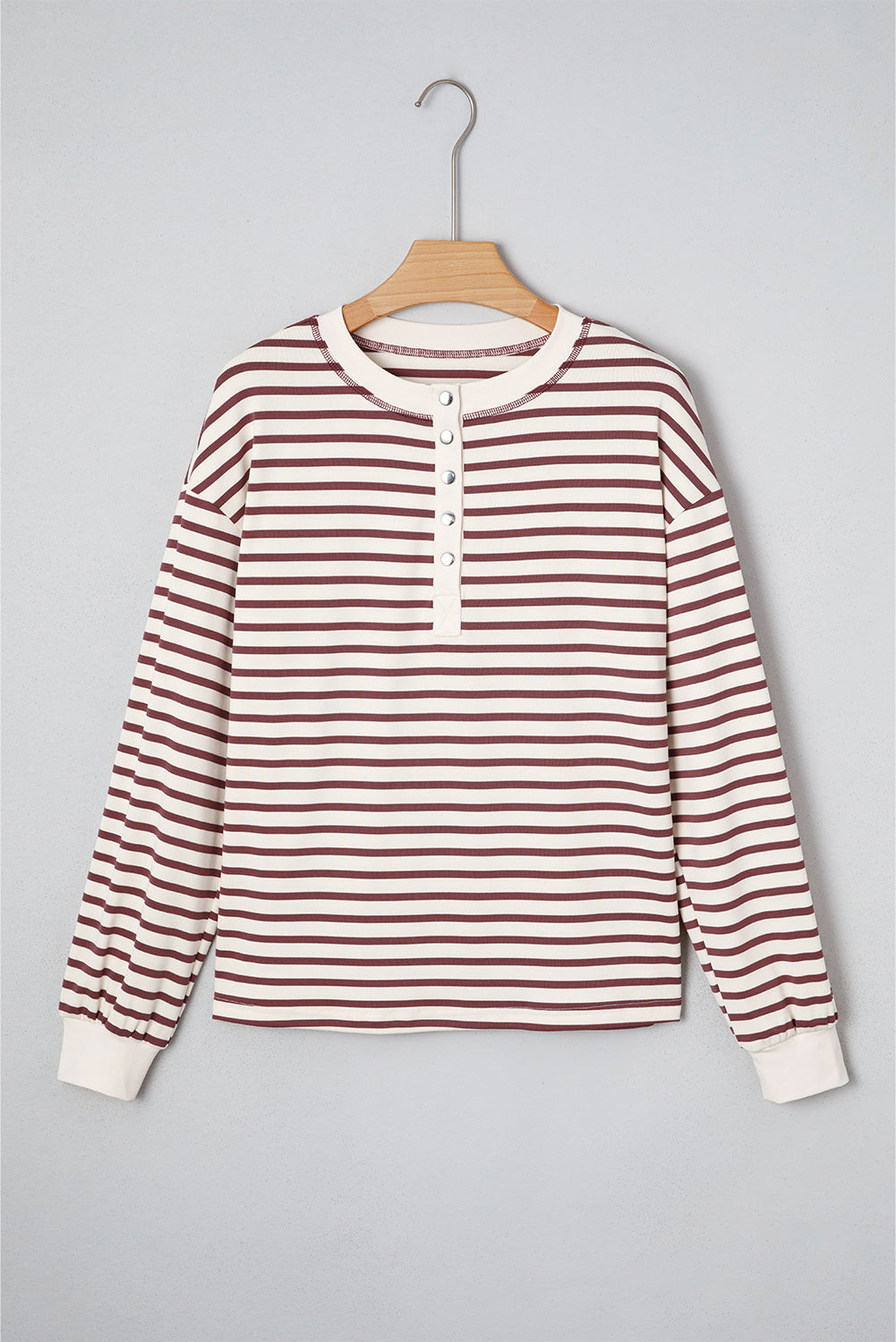 Red Dahlia Striped Print Drop Shoulder Long Sleeve Henley Top